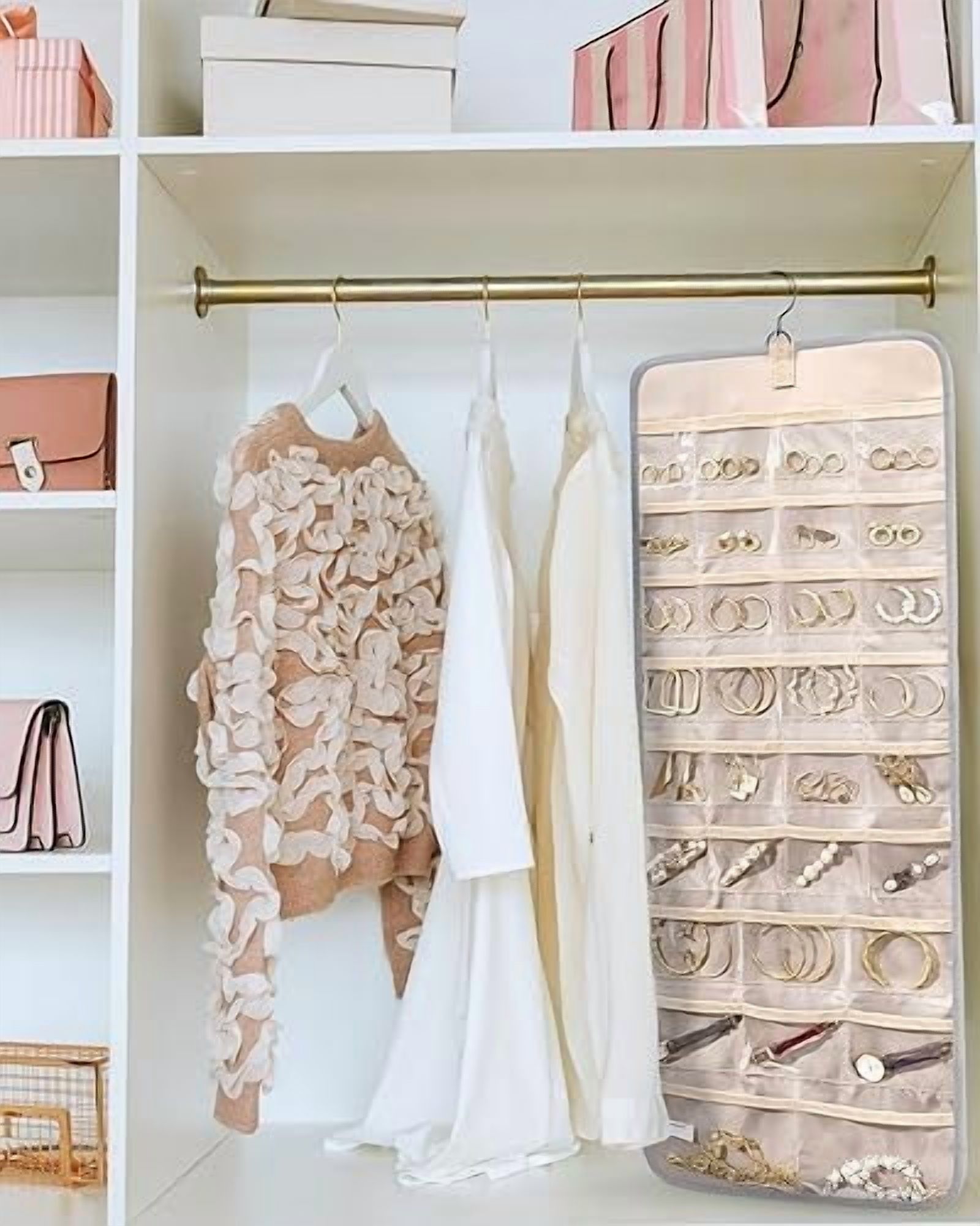 Hanging Jewelry Organizer Storage Roll with Hanger Metal Hooks Double-Sided Jewelry Holder for Earrings, Necklaces, Rings on Closet, Wall, Door, 1 piece, Large, Grey