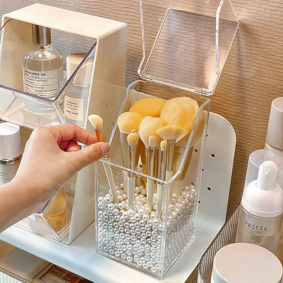 Makeup Brush Storage Box Transparent Acrylic Cosmetic Organizer Holder with Dustproof Design for Vanity Countertop