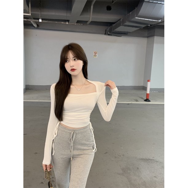 VISgogo Tops de manga larga para mujer con cordón ajustable, ropa de ombligo versión delgada de color sólido VISgogo moda