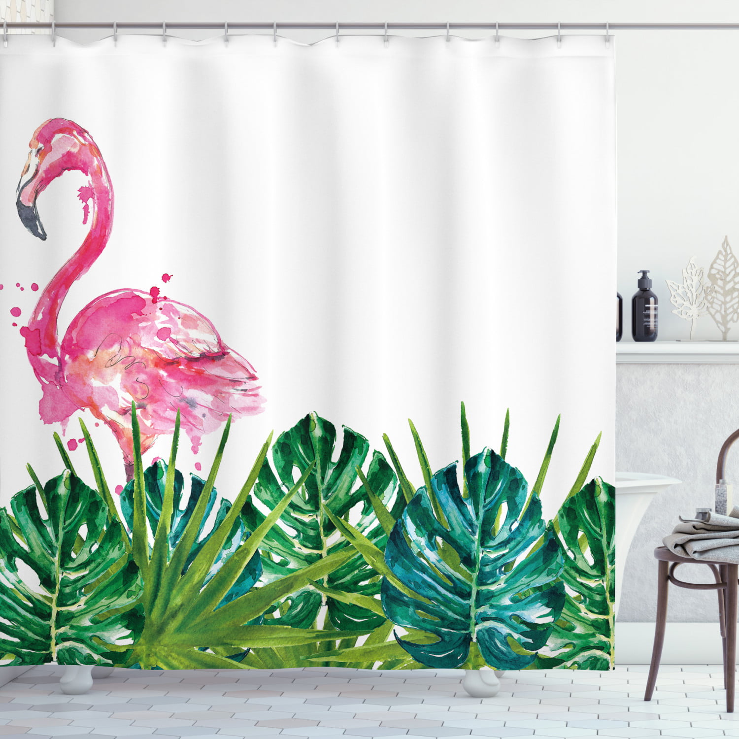 Watercolor Tropical Forest Leaves Flamingo Shower Curtain Bath Mat Waterproof 