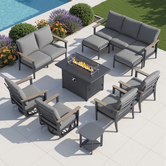 Muphyers 10 Piece Aluminum Outdoor Patio Furniture Set, 55000 BTU CSA Propane Fire Pit Table, 360° Swivel Rocker Sofa Set with Ottomans, All Weather for Backyard, Garden, Porch,Gray