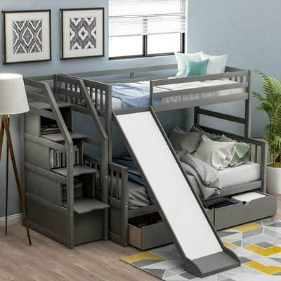 Euroco wood stairway twin loft bed with full platform bed with 3 storage drawers in the steps deals