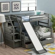Euroco Wood Twin Over Full Bunk Bed with Drawers and Slide, Gray