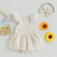 thumbnail image 2 of Bagilaanoe Newborn Summer Outfits Baby Girl Rompers Dress Plaid Print Fly Sleeve Bodysuits + Headband 3M 6M 12M 18M Infant Patchwork A-line Dresses, 2 of 8