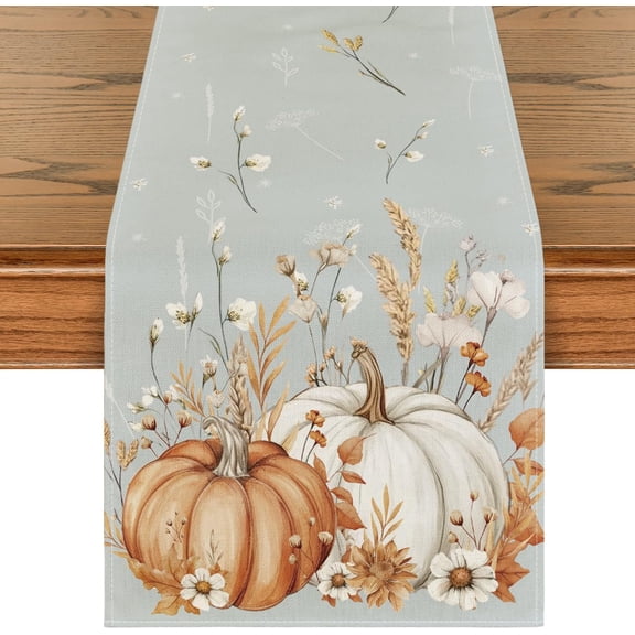 Light Blue Pumpkins Leaves Flowers Fall Table Runner, Seasonal Autumn Kitchen Dining Table Decoration for Home Party Decor 13x72 Inch