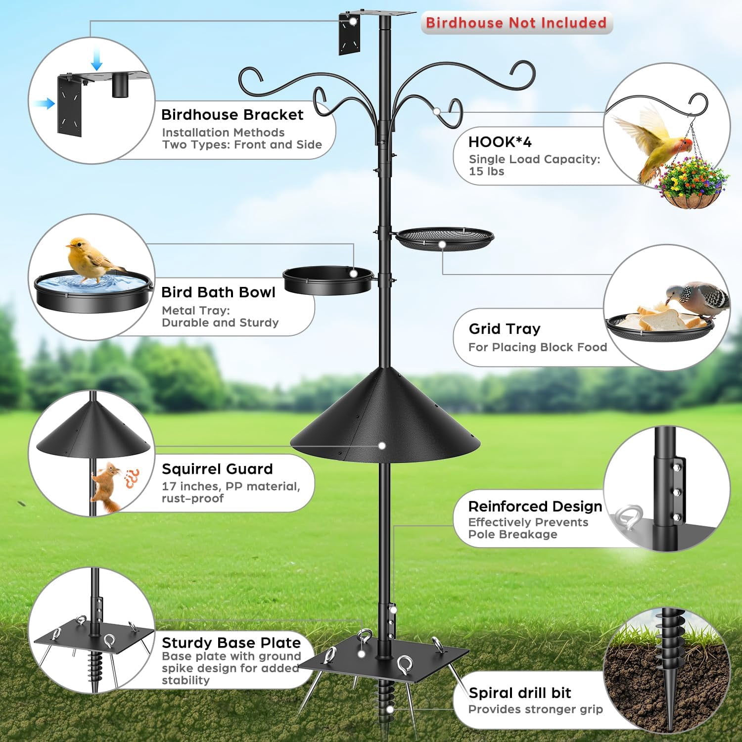 Upgraded Heavy Duty Bird Feeder Pole, 92 Inch Squirrel Proof Adjustable Bird Feeding Station,1 Inch Dia Bird House Pole, 4 Shepherd Hooks for Feeder Stand, Includes Water Bowl & Mesh Tray