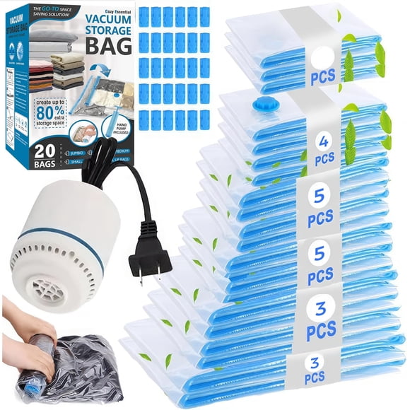 20PCS Bolsas de Almacenamiento Vacío con Bomba Eléctrica,Bolsa Compresión Vacio Ropa Viaje(3Grand Extra/3Grande/5Mediano/5Pequeño/4Enrollable),Reutilizable