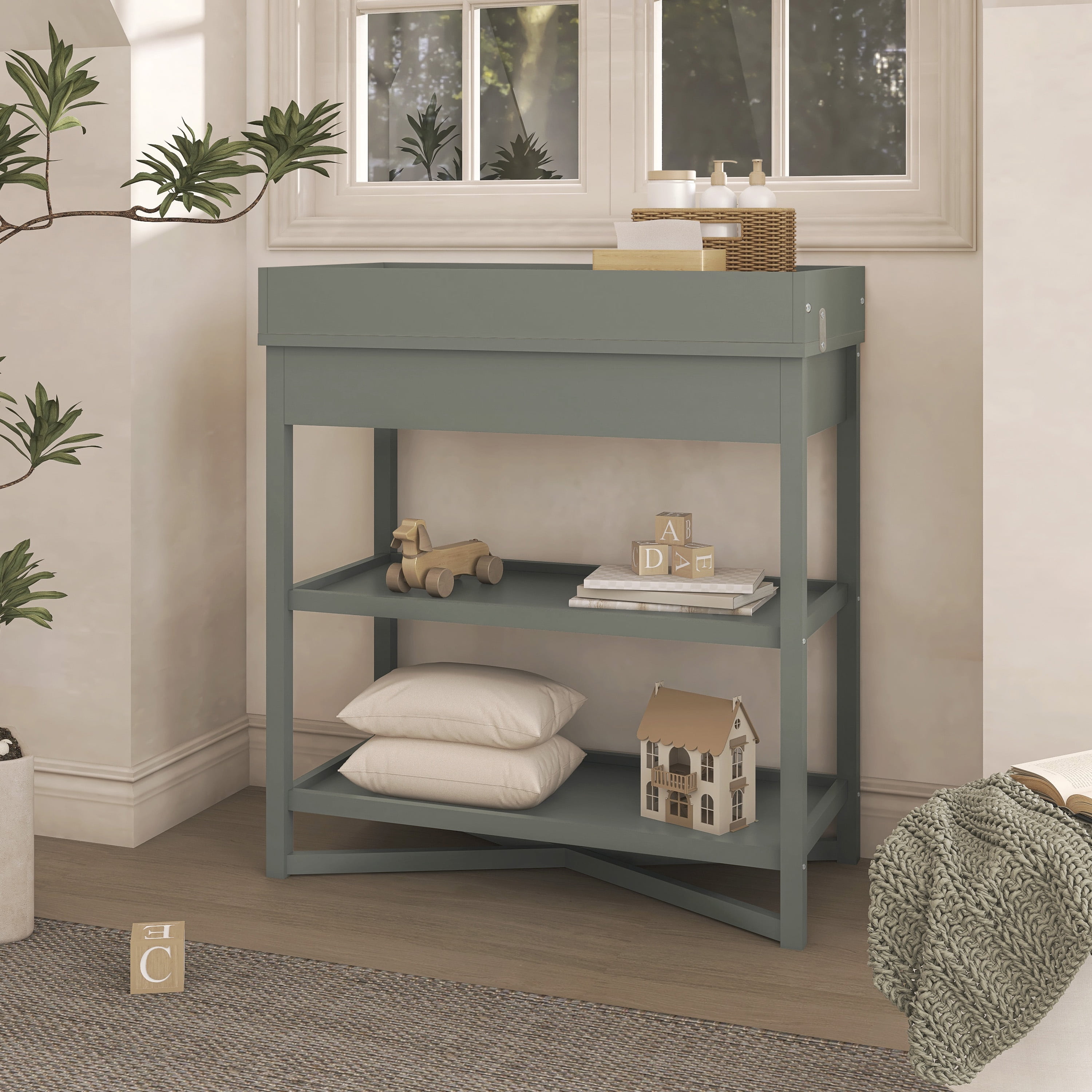Dream On Me Owen Changing Table in Sea Grass, JPMA Certified, with two bottom shelves for storage