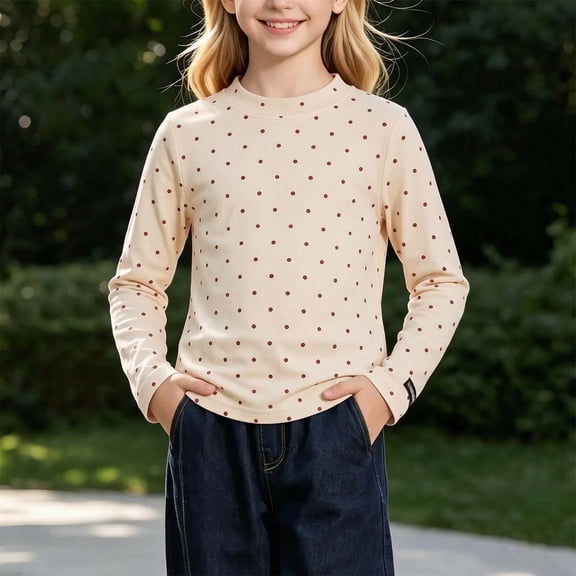 Girls Polka Dot Long Sleeve Top, Mock Neck Pullover Shirt, Casual Everyday Kids Clothing | Akmoler,Beige 3-4 Years