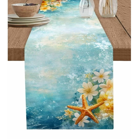 

Table Runner 13x70 Inch Summer Blue Ocean Flowers Starfish Table Runners Dresser Scarves Holiday Kitchen Dining Table Decoration for Home Party Indoor