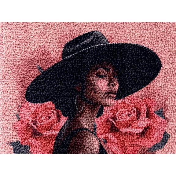 Black Woman Wearing Hat Latch Hook Kits Rug DIY Cushion Tapestry Making Crochet Hook Mat Making Kits Color Preprinted Pattern Canvas DIY Carpet Needlework Crochet Kits 52x38cm (f33-73)