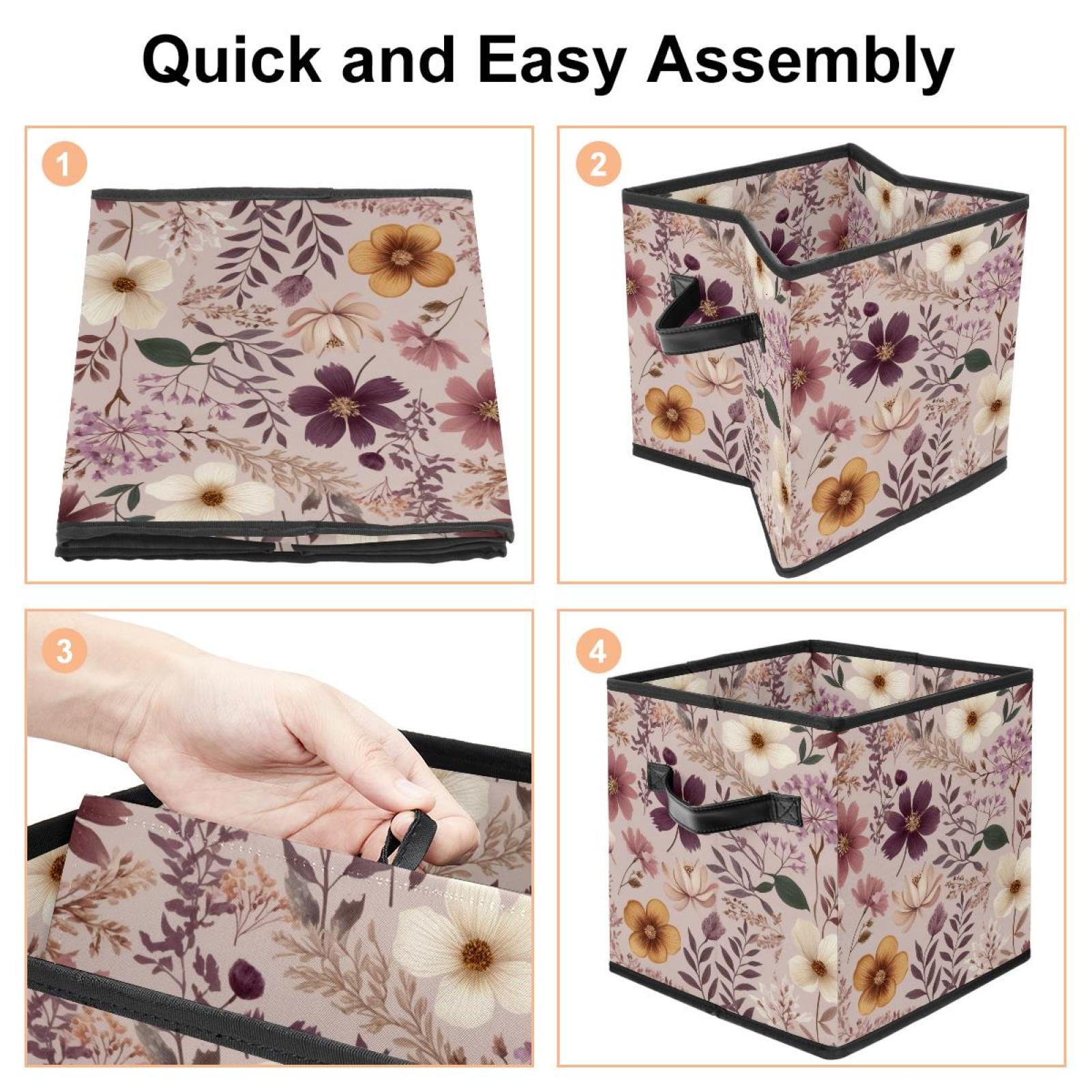 RATGDN Collapsible Fabric Cube Storage Bin with Double Handles for Living Room Bedroom Office Black - Pink Flower Specimen
