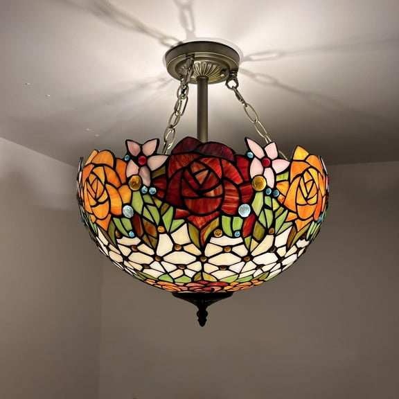 Tiffany Ceiling Lights Red Orange Stained Glass Rose Flowers LED Bulbs Included for for Bed Room Living Room Entryway 16"W*16"D*16"H