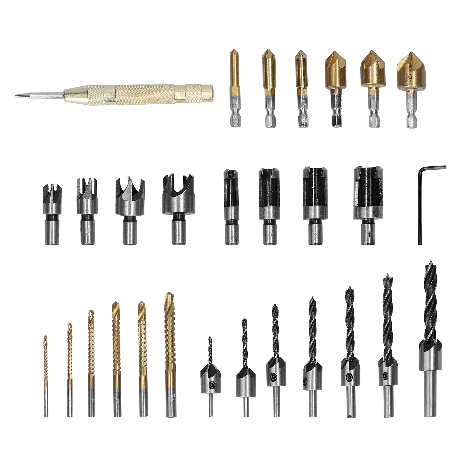 Alloy Steel Chamfer End Mills Set Home and General Construction for DIY Chamfer Cutter 7-in-1 Chamfer Drill Bit and Center Punch Woodworking Tool Set