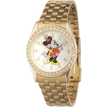 Disney, Glitter Minnie Mouse Women's Gold Alloy Glitz Watch, Gold Stainless Steel Bracelet