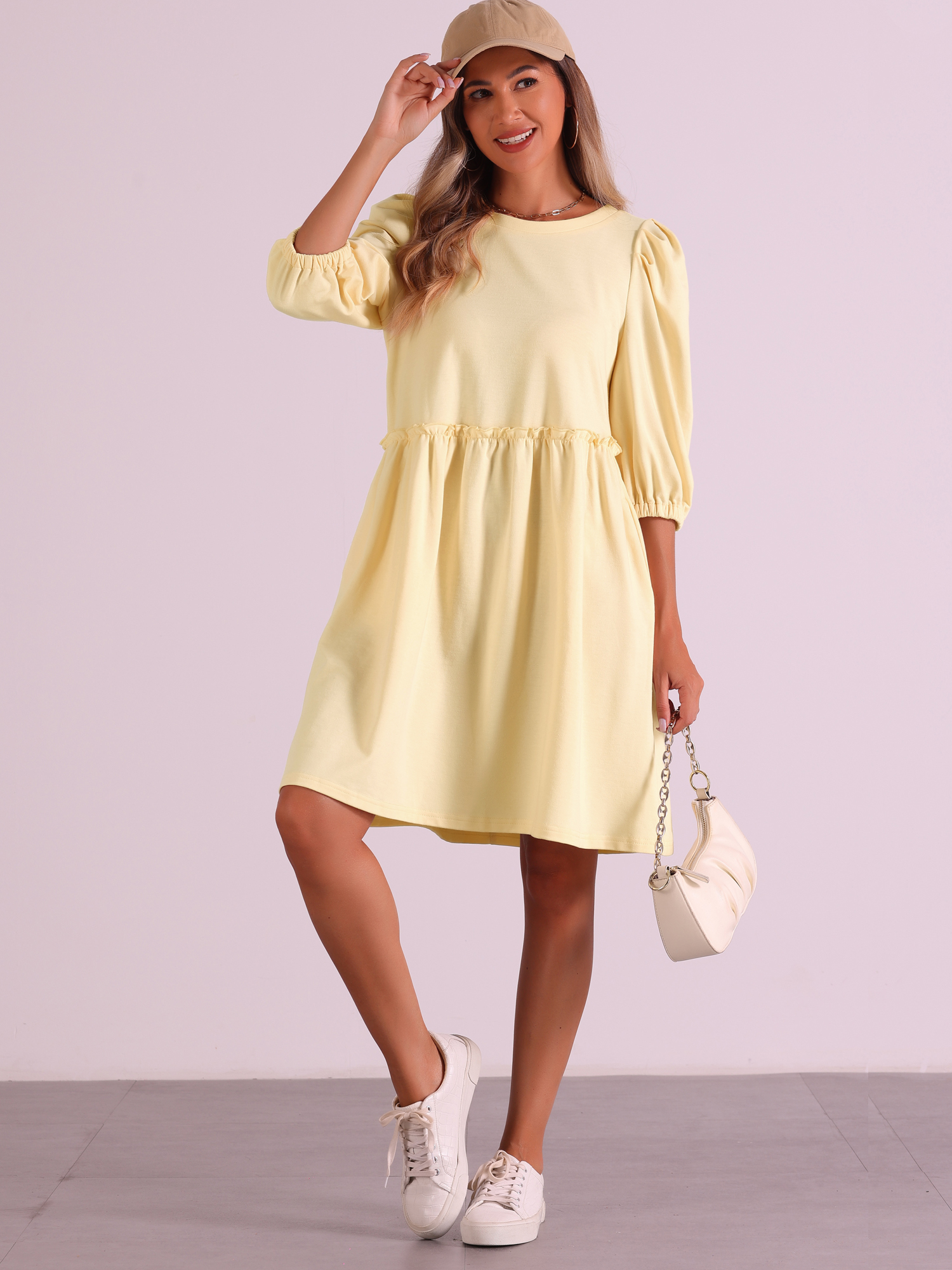 DARING DIVA Casual Scoop Neck Pocket Babydoll Dress L Pale Yellow