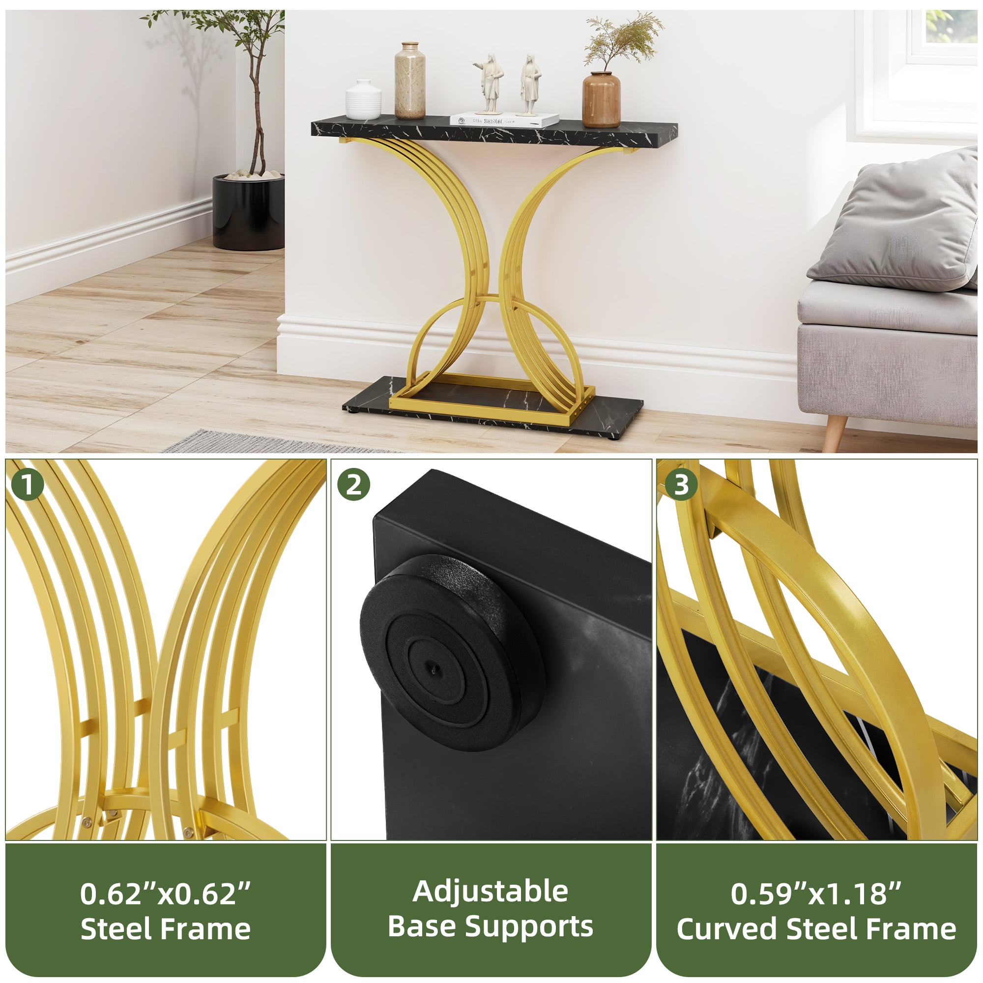 Uforic Luxury Console Entryway Table with Metal Base, Sofa Side Table, Black & Gold