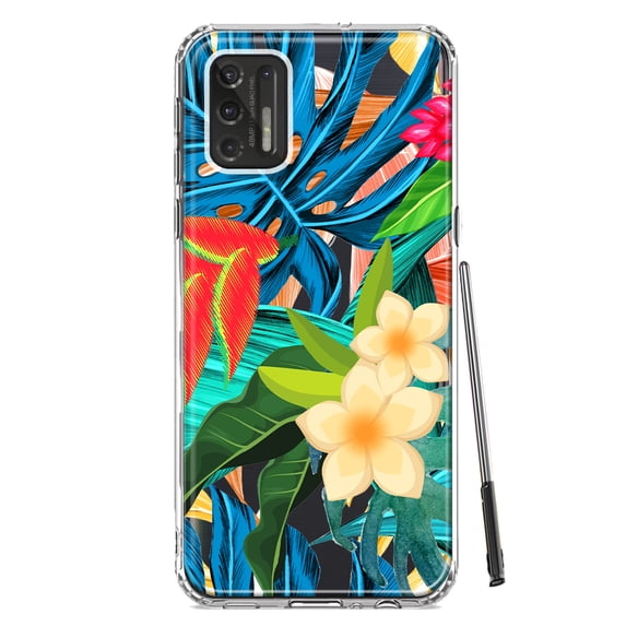 MUNDAZE Motorola Moto G Stylus 2021 Shockproof Clear Hybrid Protective Phone Case Blue Monstera Pothos Tropical Floral Flowers Cover