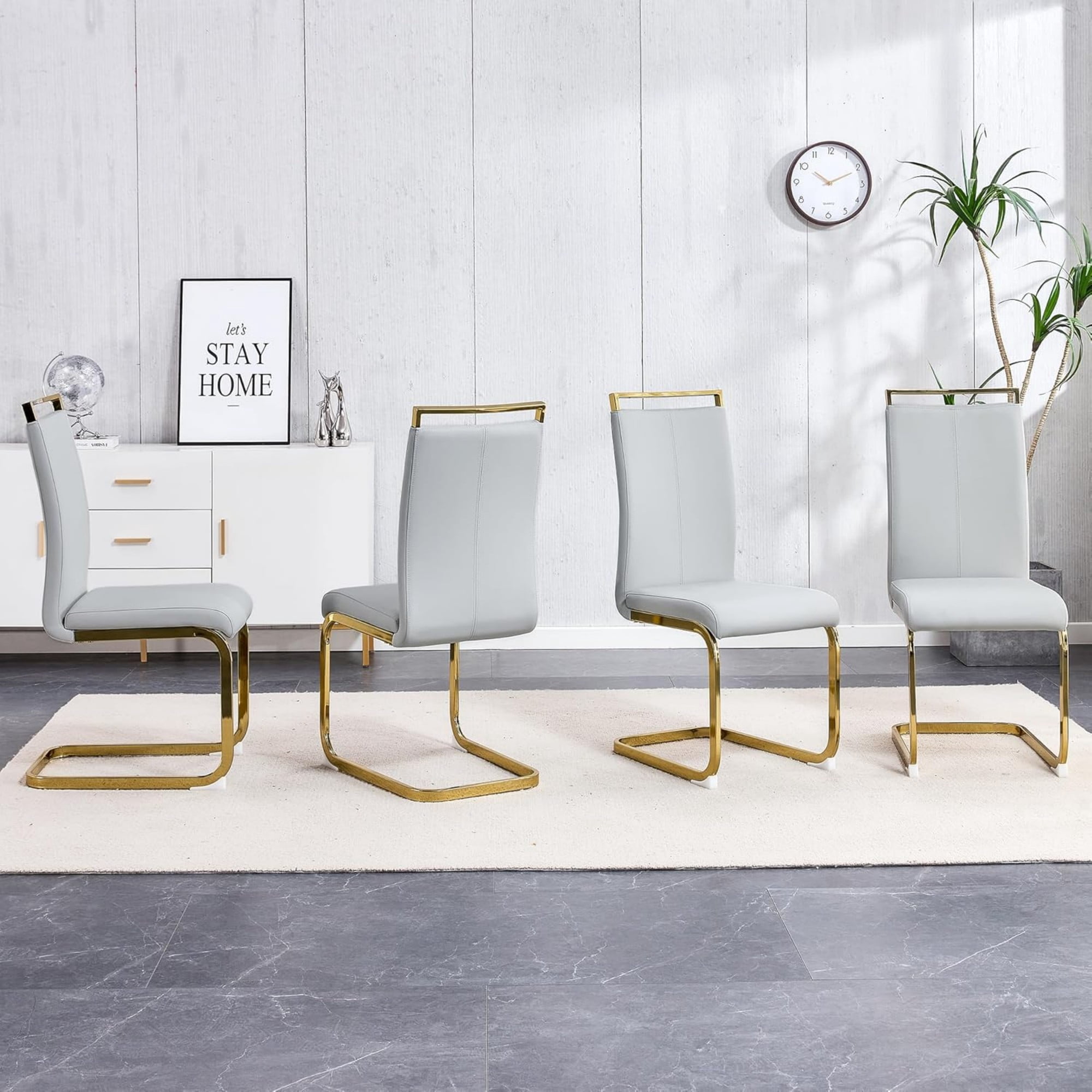 SUDICA Modern Light Grey Faux Leather Dining Chairs Set of 4, High Back Upholstered Seats with Gold Metal Legs for Dining Room