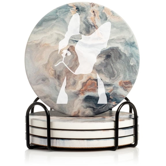 Set of 4 Drink Coasters with Holder Gift Boston Terrier Face (Absorbent Ceramic Marble)