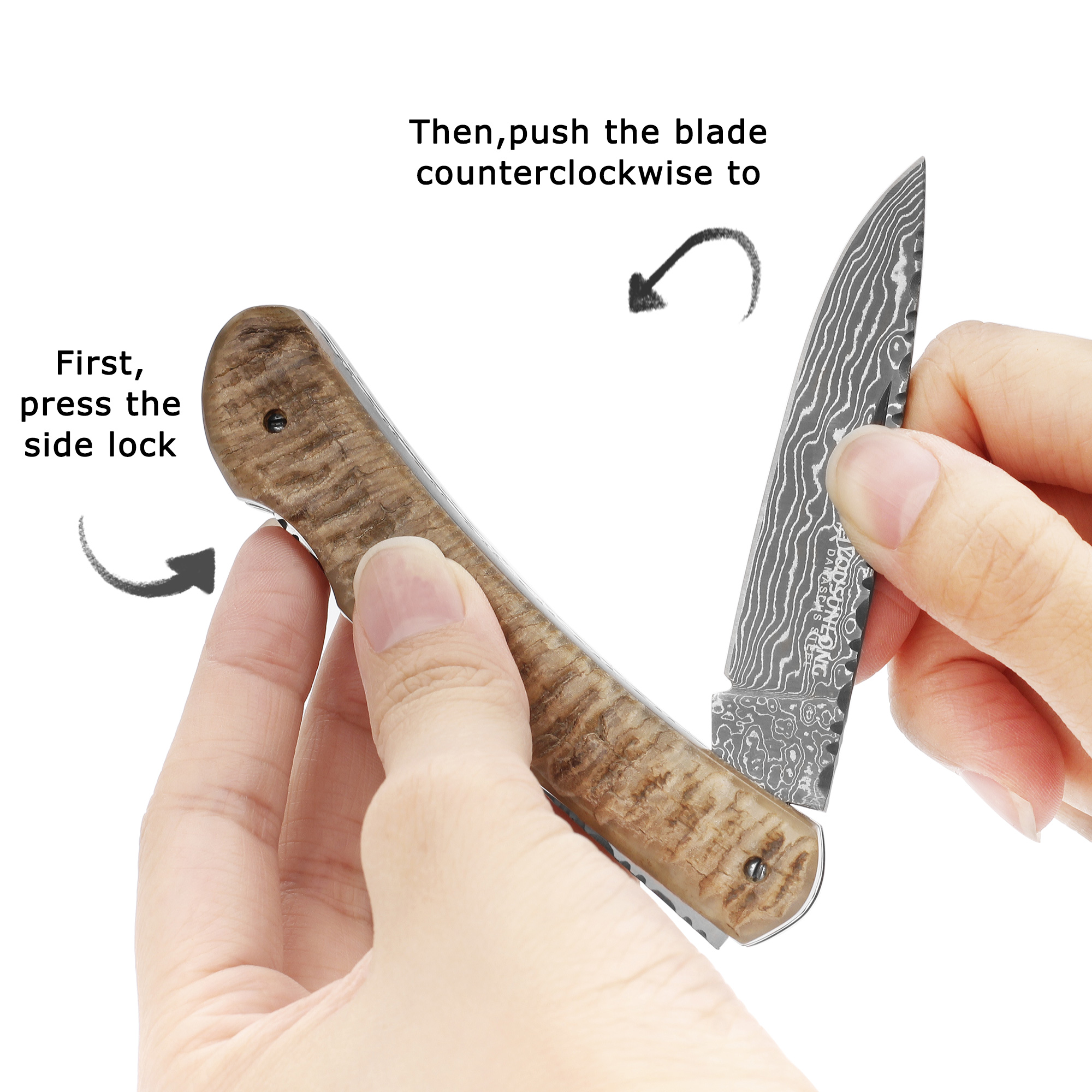 YOUSUNLONG Folding Knife Pocket Knife Overall 175mm - Japanese Damascus Steel Natural Antelope Horn Handle