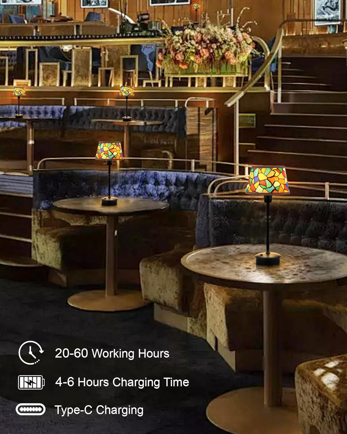 Rechargeable Cordless Table Lamp, Dimmable Touch Bedside Light, Warm Accent Ambient Lighting for Restaurant Bar Dining Patio