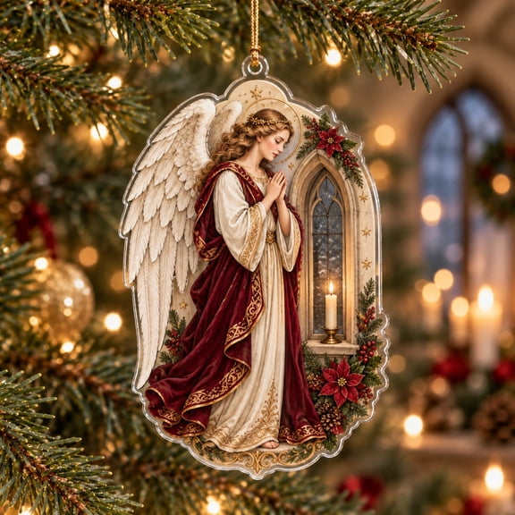 Christmas Acrylic Ornament, Praying Angel Beside Window Candle Tree Hanging for Christian Gift