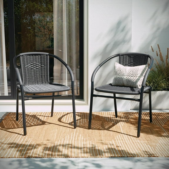JessieMal Set of 2 Modern Rattan Indoor/Outdoor Stack Chairs, Stacking Rattan Patio Chairs with Curved Back and Cross Bracing, Gray