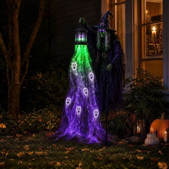 Halloween Standing Witch Lighted Decor, Ghost Effect Stake Lamp, Spooky Holiday Ornament for Patio Garden Porch Walkway Outdoor Decoration