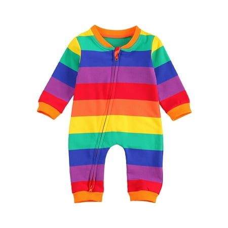 

Hirigin Baby Girls Boys Rainbow Stripped Romper Long Sleeve Zipper Closure Jumpsuit
