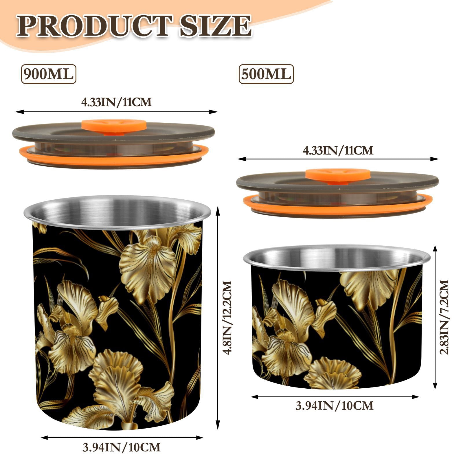Gold Iris Flower Airtight Coffee Bean Canister 30oz Food Storage Containers with Lids For Gournd, Tea, Sugar, Flour, Rice, Cereal, Candy Cookie Jar
