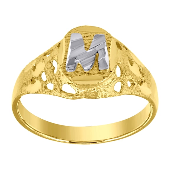 10kt 10k Two-Tone Gold Mens Diamond-Cut Textured Oval Initial Letter M Band Ring