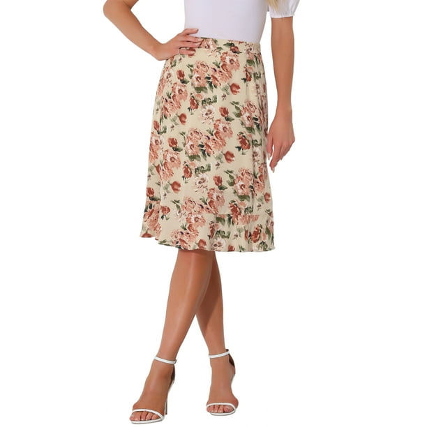 Faldas midi florales para mujer Inspire Chic, con volantes, cintura alta, fluida, en línea A, con abertura, longitud a la rodilla, color beige