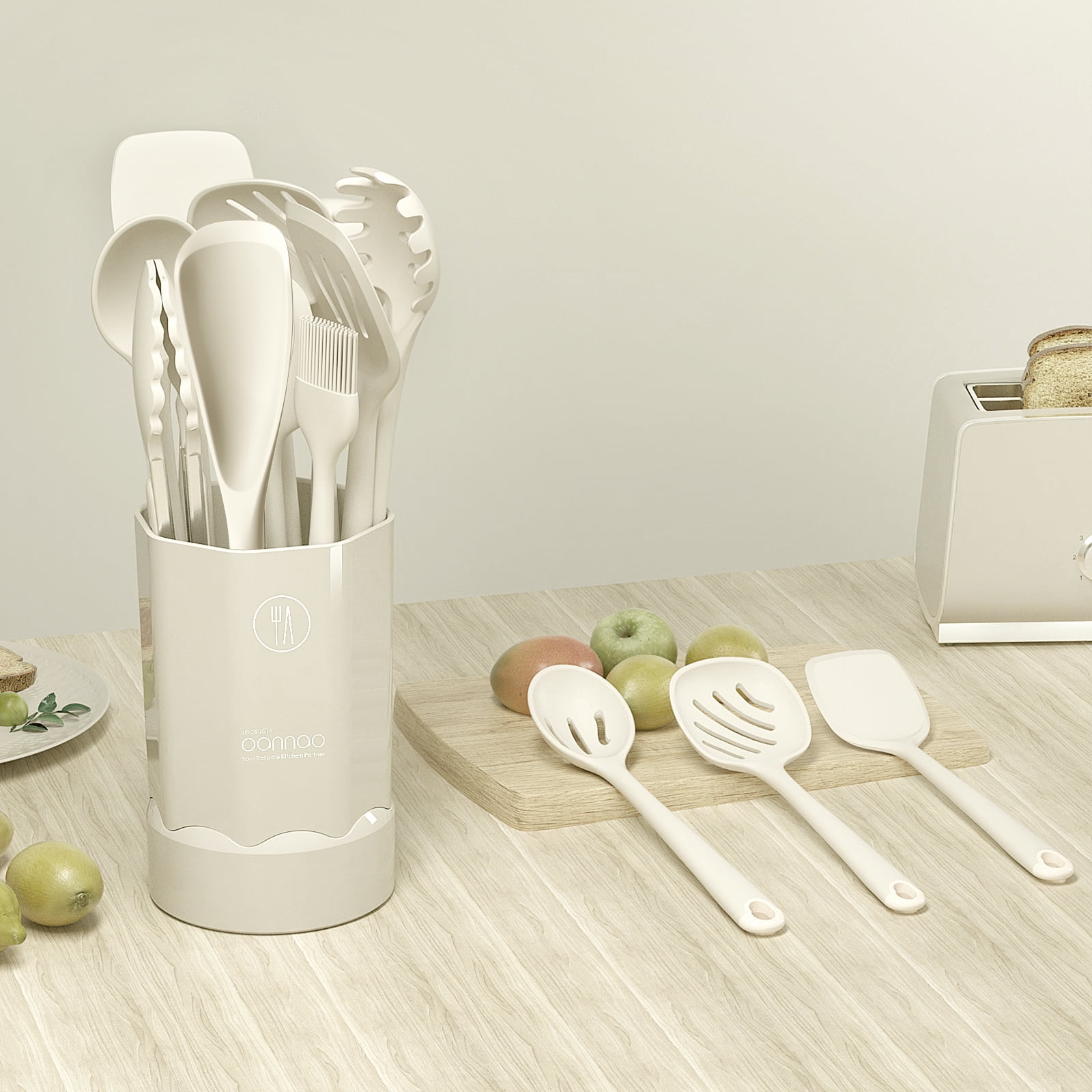 Silicone Kitchen Utensils Set, 600°F Heat Resistant Silicone Cooking Utensils, Spatula, Spoon, Whisk, Tongs, Kitchen Gadgets Tools Sets for Nonstick Cookware, Dishwasher Safe BPA Free (Cream White)