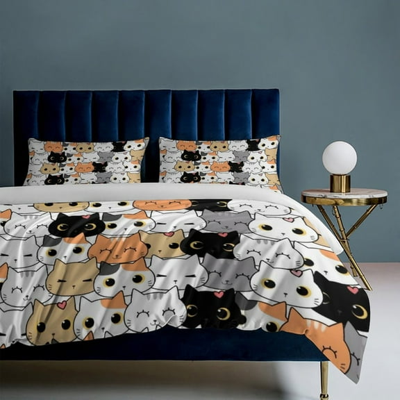 Cartoon Cat 3-Piece Bedding Set, Luxuriously Soft Bedding with Matching Pillow Shams, Comforter Set Twin Size for Casual Home Decor