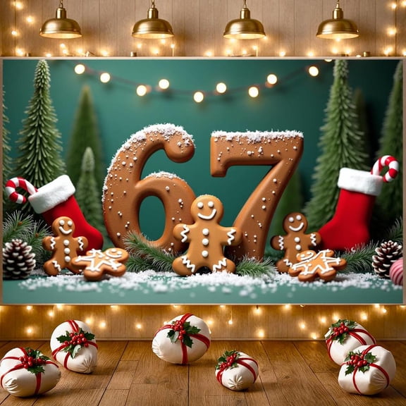 Lighted Numbers Christmas Banner Gingerbread Man 67th Display Christmas Tree Candy Cane Xmas Backdrop for Christmas Party 67th Birthday Celebration Holiday Gathering