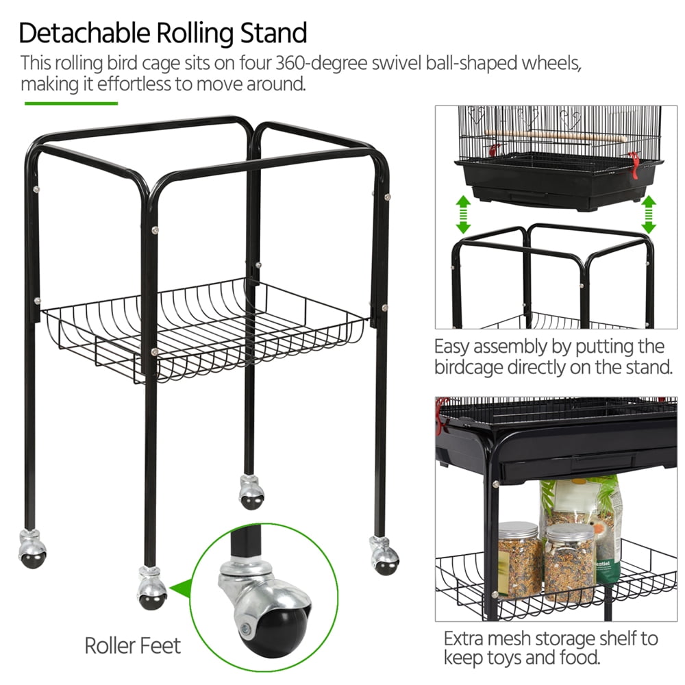 Yaheetech 64"H Open Top Metal Bird Cage Rolling Parrot Cage w/ Double Doors  for Budgie Parrot Canary Cockatiel, Black