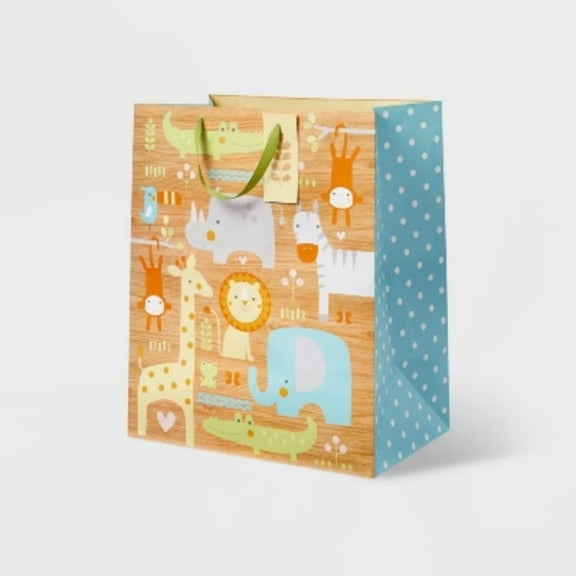Xlarge Animals on Woodgrain Baby Shower Gift Bag - Spritz: Multicolor Paper, Animal Icon Pattern, 19.25" Height