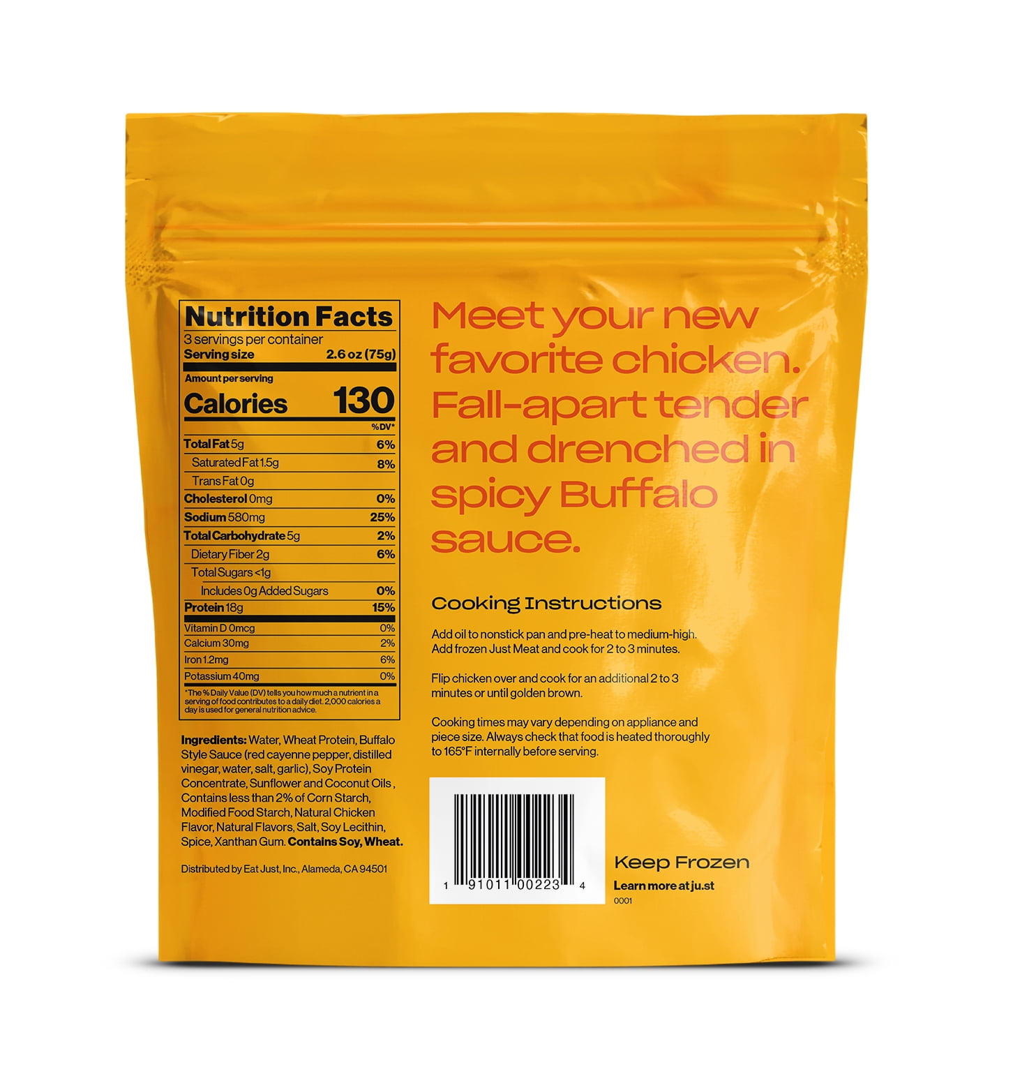 Just Meat Plant-Based Buffalo Chicken – 18g Protein, Vegan, No Cholesterol, Frozen 8oz