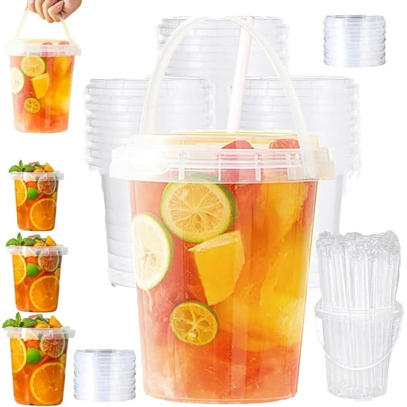 Mini Drink Buckets with Lids and Straws, 24 oz Plastic Drink Buckets, Mini Bucket for Drinks, Suitable for Outdoor Beverage Packaging Pool Party (10pcs)