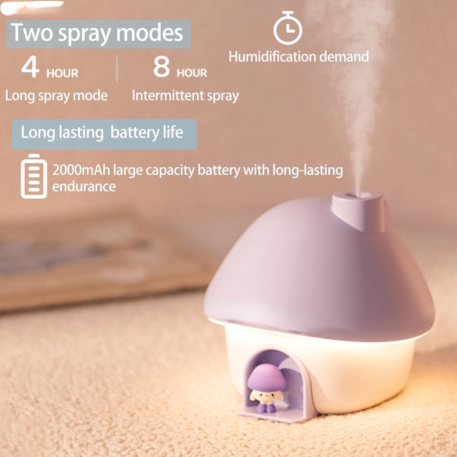 Portable Mini Humidifier, 300ml Small Cool Mist Humidifier, Personal Desktop Humidifier for Baby Bedroom Travel Office Home,7 Modes of sunset atmosphere light, 2Modes of night light