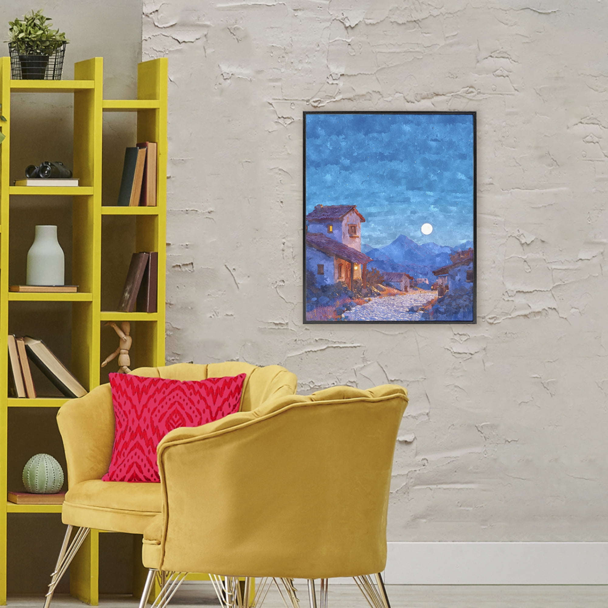 Moon over Quiet Town Black Framed Giclee Art, design by Ziwei Li