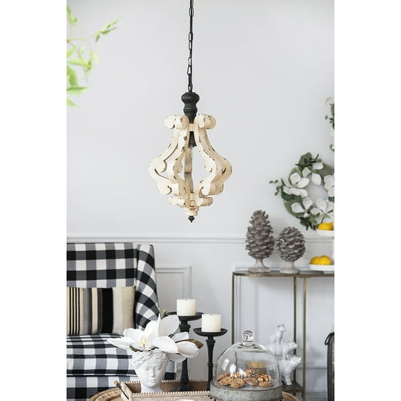 Farmhouse Pendant Chandelier, Distressed White, French Country Wood Design, Bulb Not Included