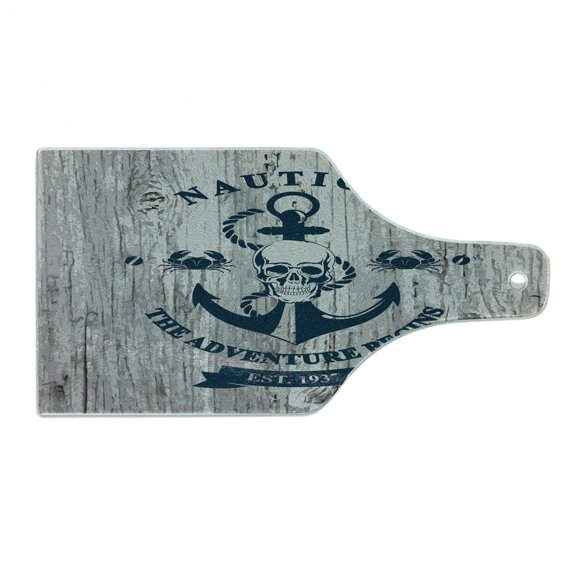 Anchor Cutting Board, Art Skull Rope Nautical the Adventure Begins Message Historic Marine Print, Decorative Tempered Glass Cutting and Serving Board, Wine Bottle Shape, Beige Navy Blue, by Ambesonne