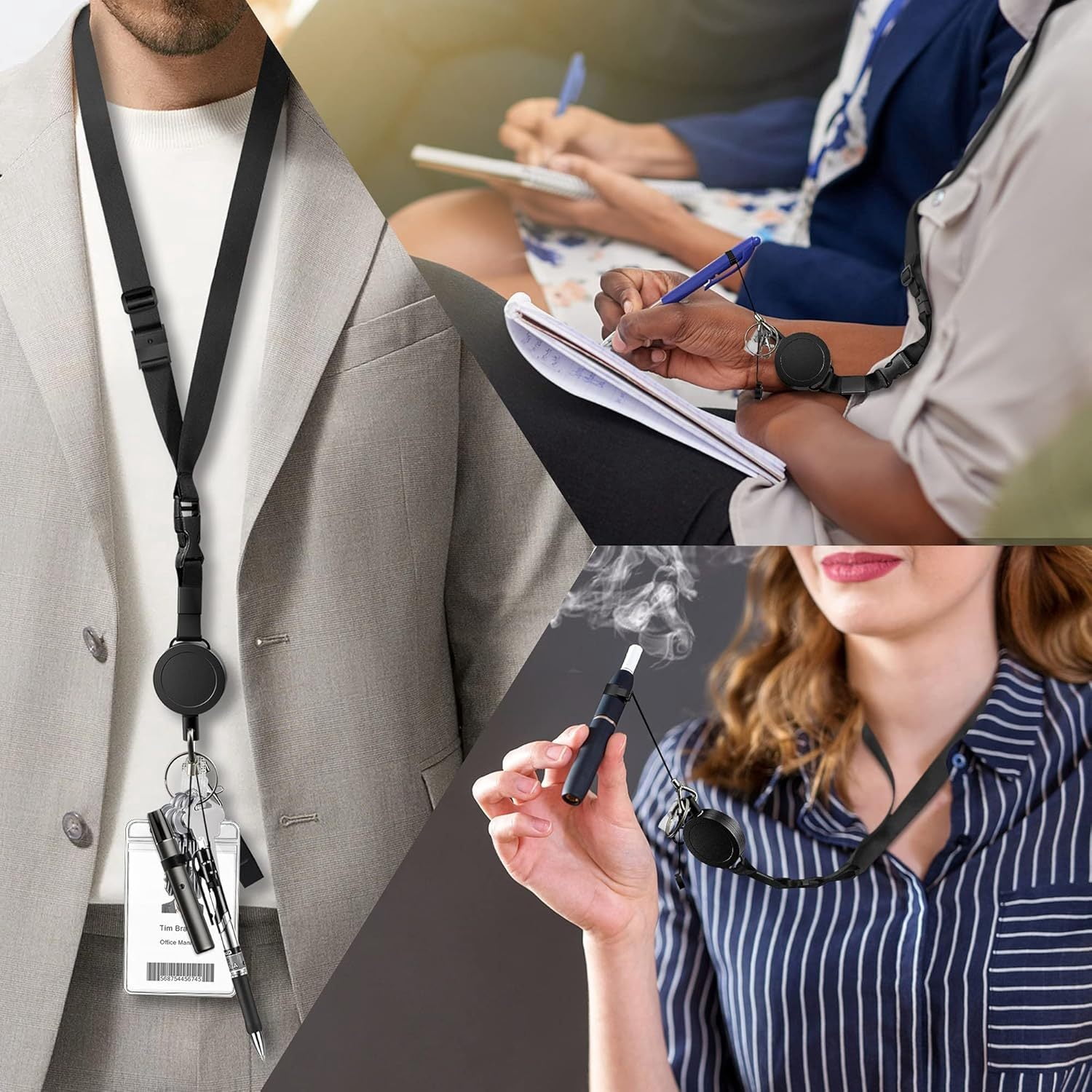 2 PACK Duty Retractable ID Badge Holder Key Reel with Adjustable Neck Lanyard, ID Badge Strap, 2 Pen Holders and Lobster Clip, Hold Up to 15 Keys