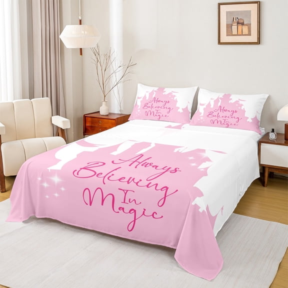 Manfei Fairy Tale Castle Twin Sheet Set,Always Believe In Magic Pink White,Ultra Soft Decor For Girls,3-Piece
