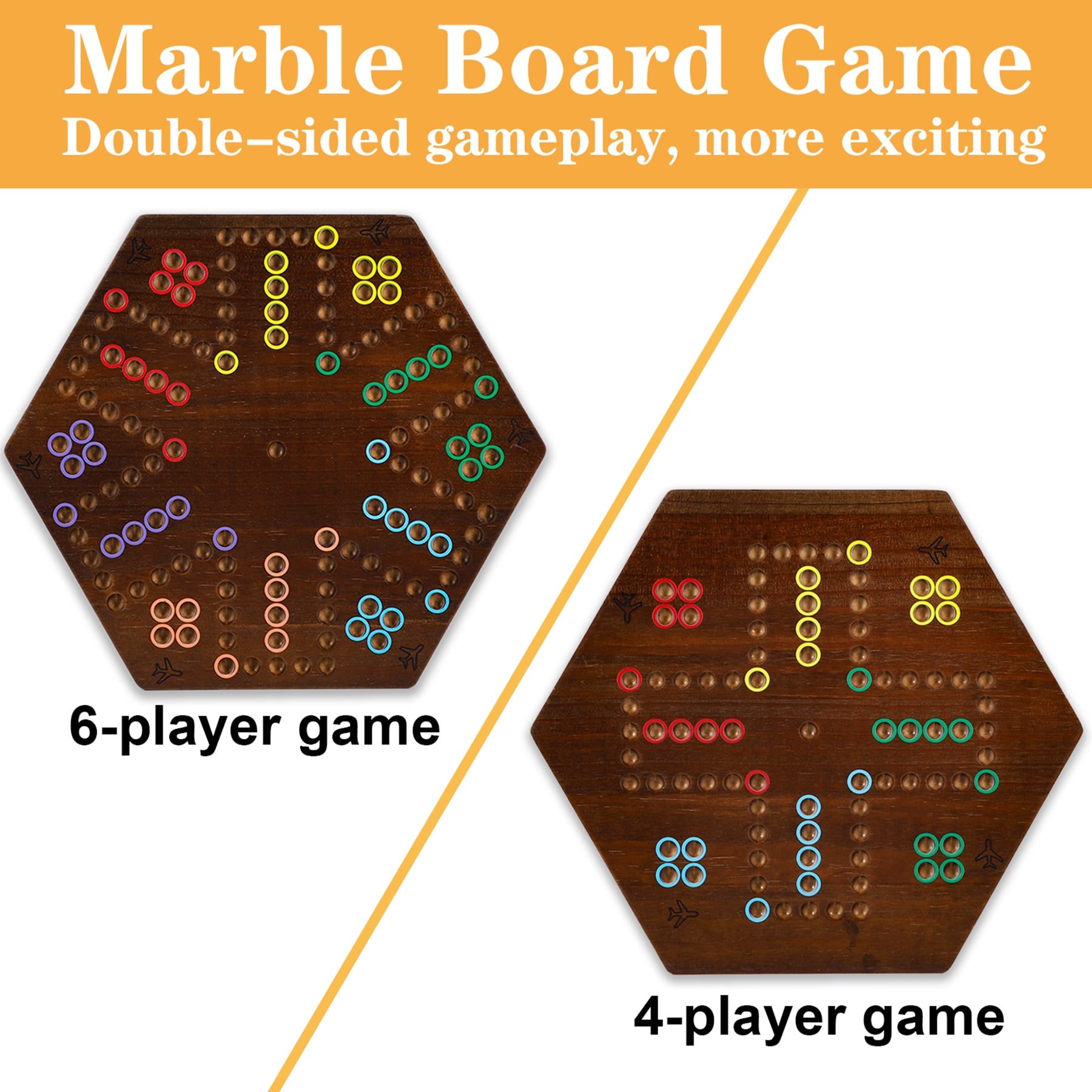 Wahoo Marble Fast Track Board Game, Rustic Brown, Thicken Wood, 4 and 6 Players, 2 Sided, 14.8 x 13 x 0.8 Inches