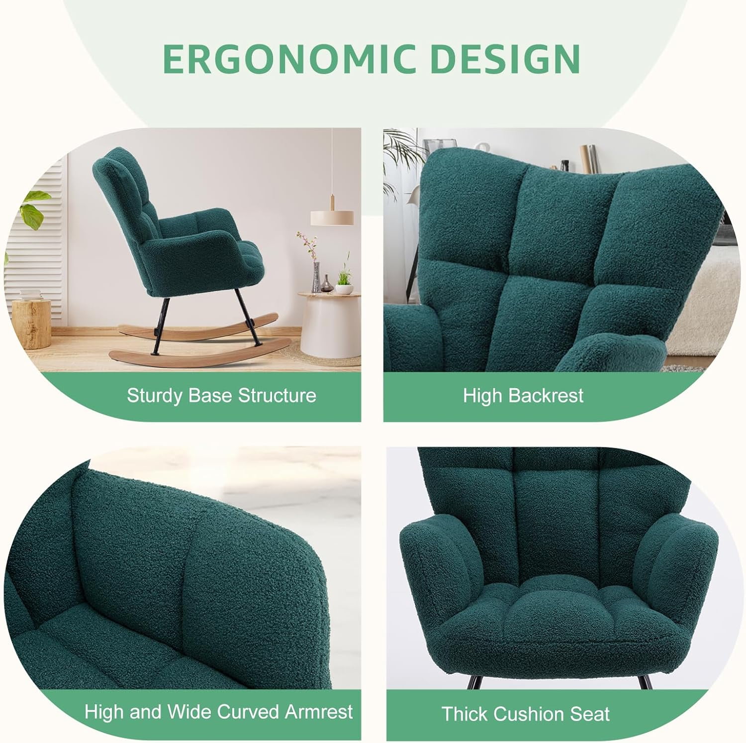 QUIOCOZY Nursery Rocking Chairs, Teddy Upholstered Glider Recliner Rocking Chair with High Backrest Armchair, Comfy Reading Chair Fluffy Accent Side Chair for Nursing, Living Room, Bedroom