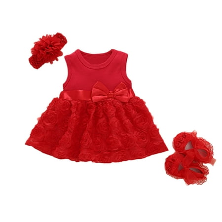 Baby Girls Infant Lace Party Wedding Dress Gown with Headband and Shoes Set Red short-sleeved rose dress + shoes + hair band 12M: Recommended 9-12