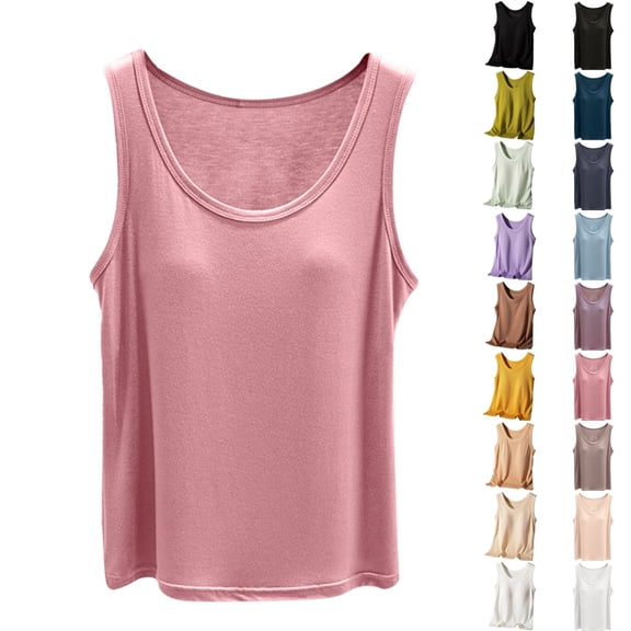 Bmisegm Built in Bra Tank Tops for Women Sleeveless Ribbed Round Neck Regular Fit Casual Solid Color Basic Vest Womens Tops Pink_002 L